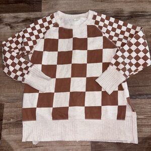 Maurices Brown and Cream Checkered Crewneck Sweater